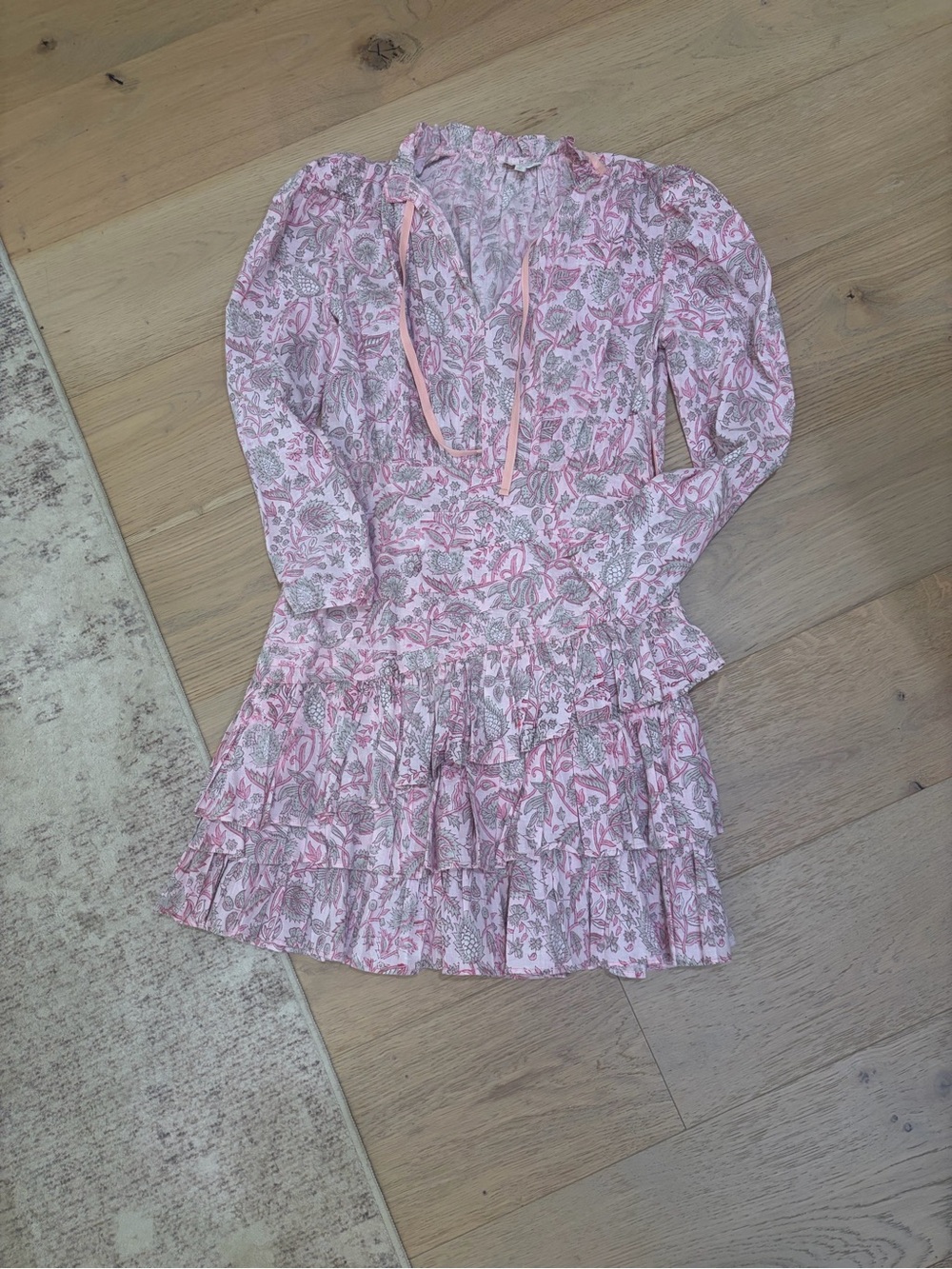 Floral Pink Tiered Mini Dress with Tie Neck